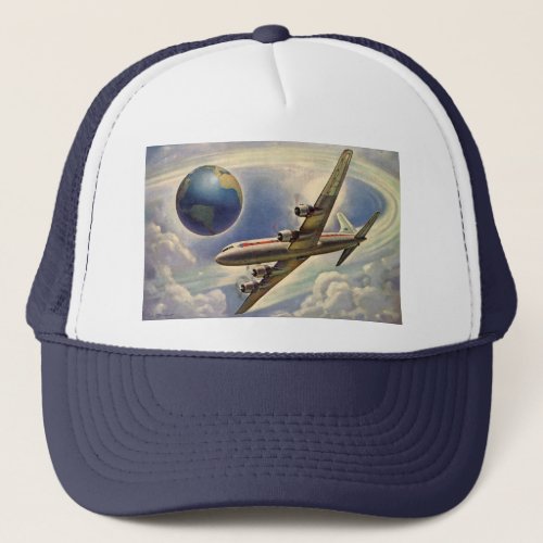 Vintage Airplane Flying Around the World in Clouds Trucker Hat