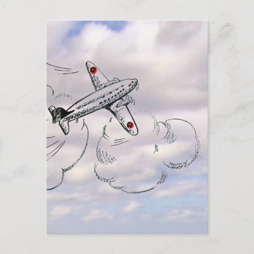 Vintage Airplane Flying  Aviation Drawing Clouds Postcard