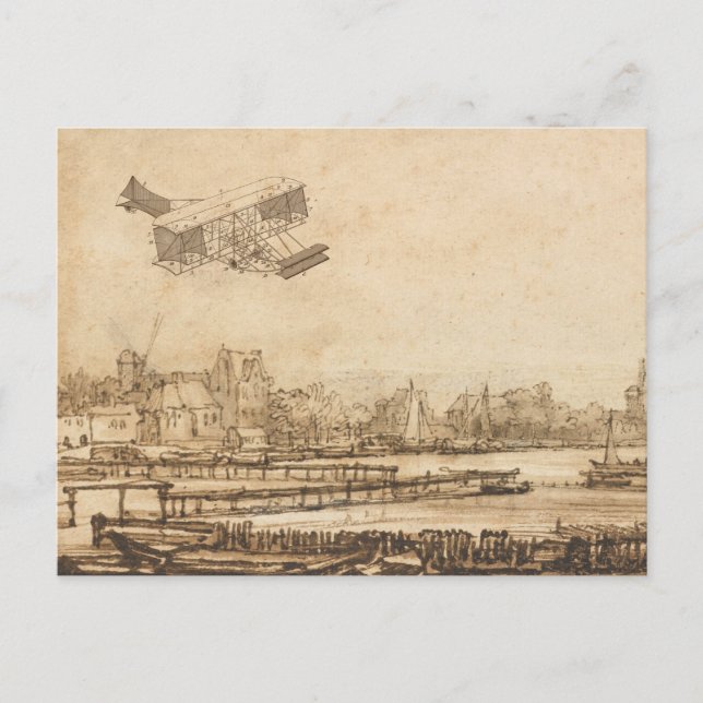 Vintage Airplane Flying Machine Art Drawing Postcard (Front)