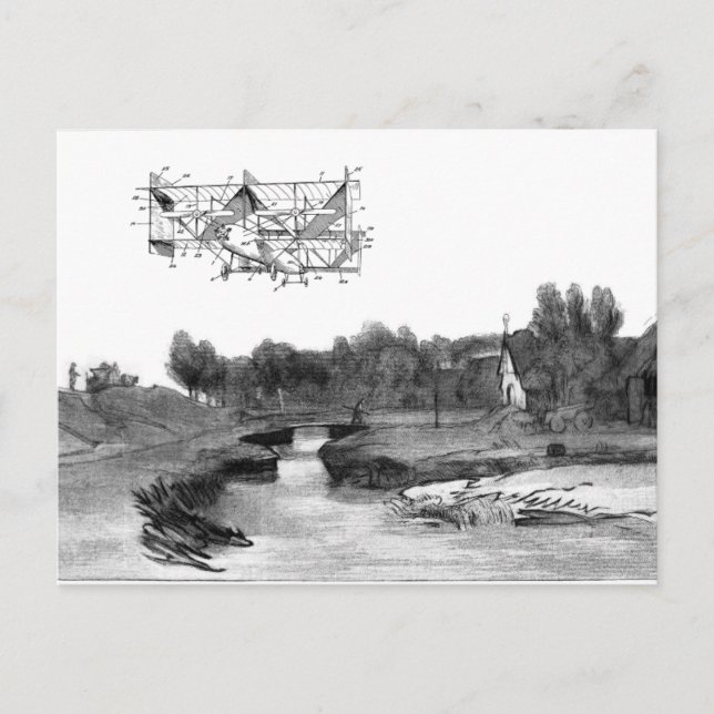 Vintage Airplane Flying Machine Art Drawing Postcard (Front)