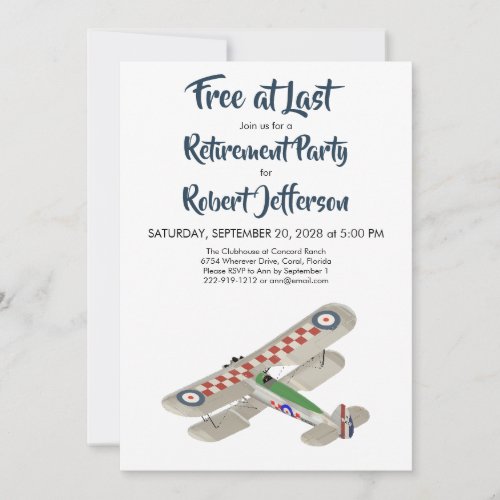 Vintage Airplane Free at Last Blue Retirement Invitation