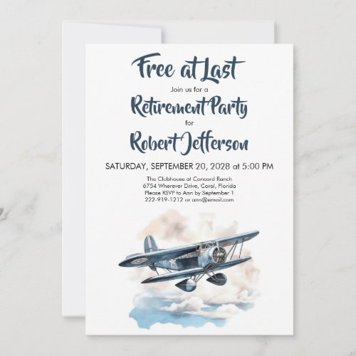 Vintage Airplane Free at Last Blue Retirement Invitation