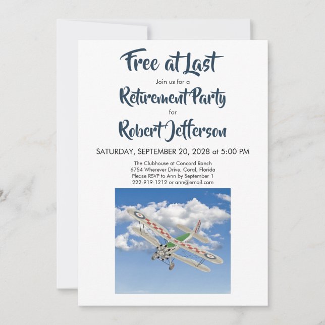 Vintage Airplane Free at Last Blue Retirement Invitation (Front)