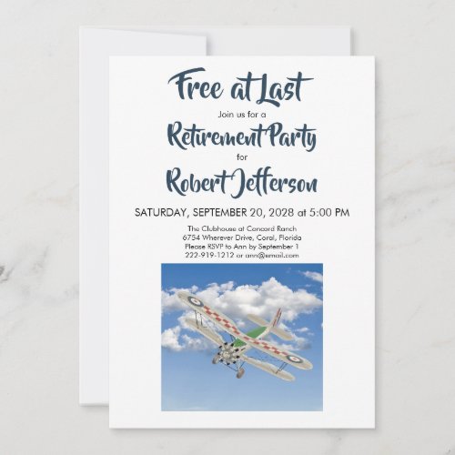 Vintage Airplane Free at Last Blue Retirement Invitation