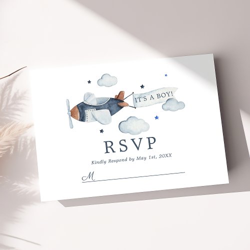 Vintage Airplane Its A Boy Baby Shower RSVP Card