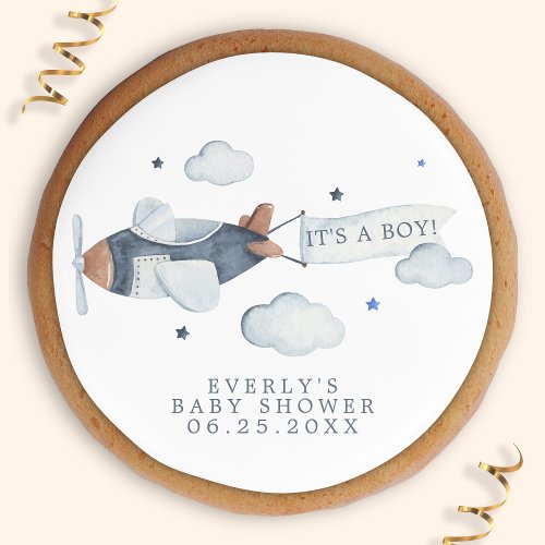 Vintage Airplane Its A Boy Watercolor Baby Shower Sugar Cookie