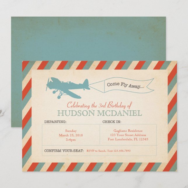 Vintage Airplane Kids Birthday Party Invitation (Front/Back)
