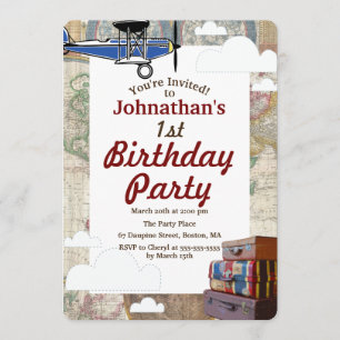Vintage Airplane & Luggage World Travel Birthday Invitation