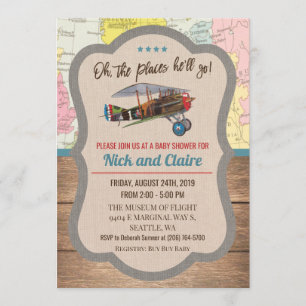 Vintage Airplane Map Boy Baby Shower Invitation