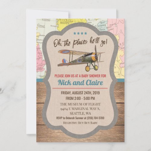 Vintage Airplane Map Boy Baby Shower Invitation