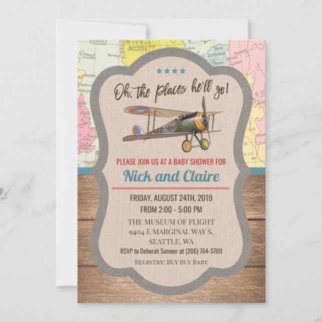 Vintage Airplane Map Boy Baby Shower Invitation (Front)