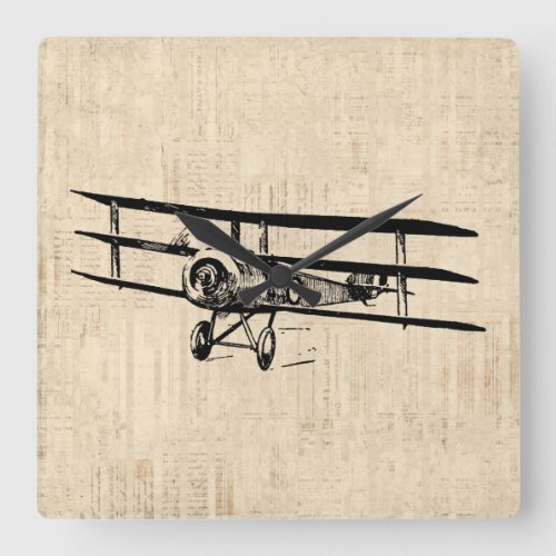 Vintage Airplane Old Antique Plane Illustration Square Wall Clock