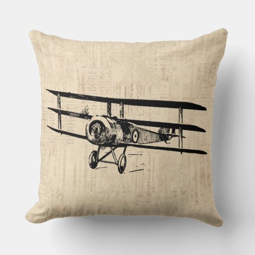 Vintage Airplane Old Antique Plane Illustration Throw Pillow