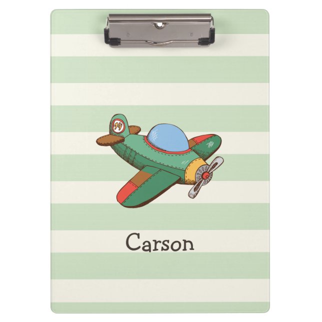 Vintage Airplane on Pastel Green Stripes Clipboard (Front)