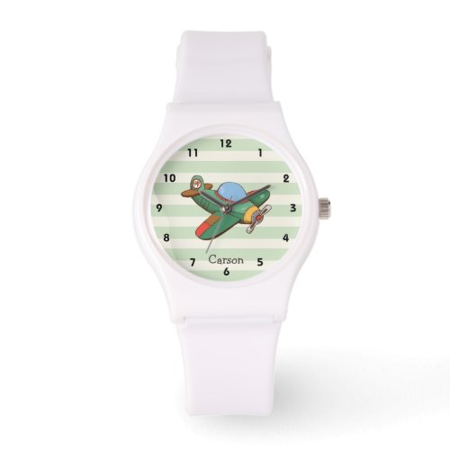 Vintage Airplane on Pastel Green Stripes Watch