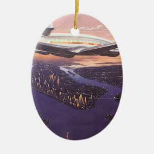 Vintage Airplane over Hudson River, New York City Ceramic Ornament