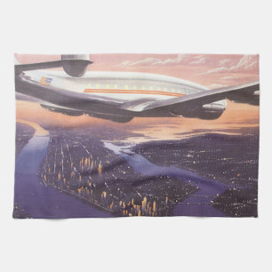 Vintage Airplane over Hudson River, New York City Kitchen Towel