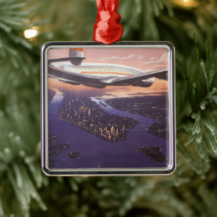 Vintage Airplane over Hudson River, New York City Metal Ornament