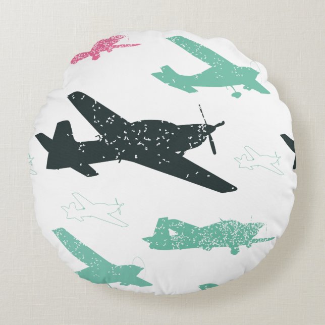 Vintage Airplane Pattern Round Pillow (Front)