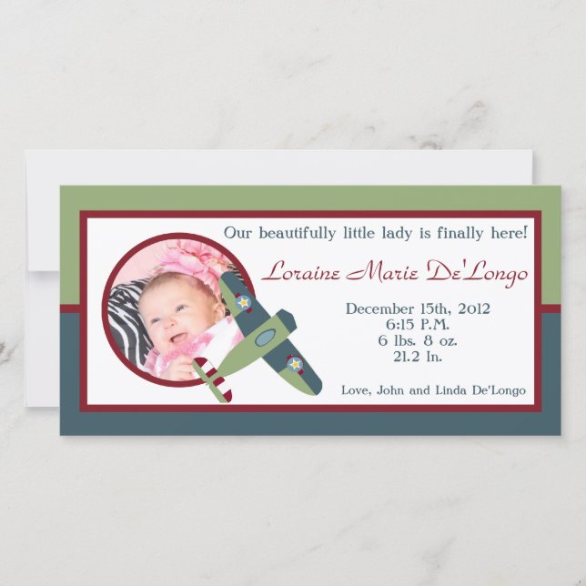Vintage Airplane Photo Birth Announcement (Front)