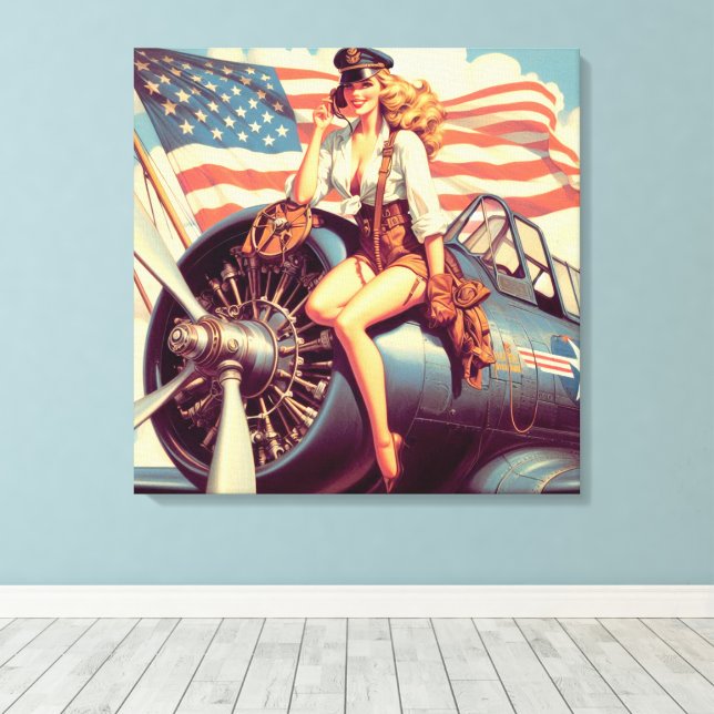 Vintage Airplane Pin-up Canvas Print (Insitu(Wood Floor))