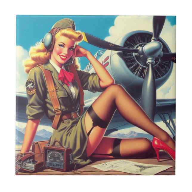 Vintage Airplane Pin-Up Ceramic Tile (Front)