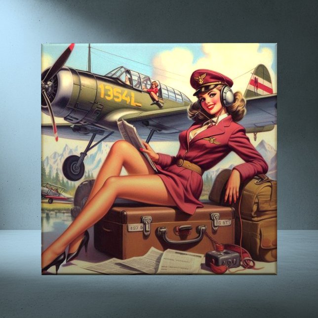 Vintage Airplane Pin-Up Illustration Ceramic Tile (Creator Uploaded)