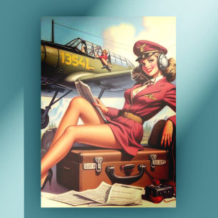Vintage Airplane Pin-Up Illustration Postcard