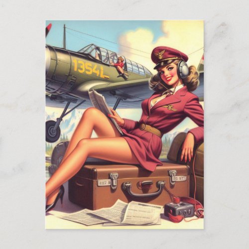 Vintage Airplane Pin_Up Illustration Postcard