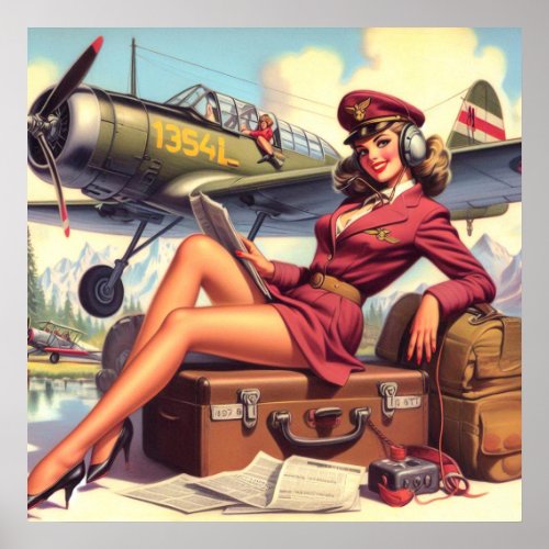 Vintage Airplane Pin_Up Illustration Poster