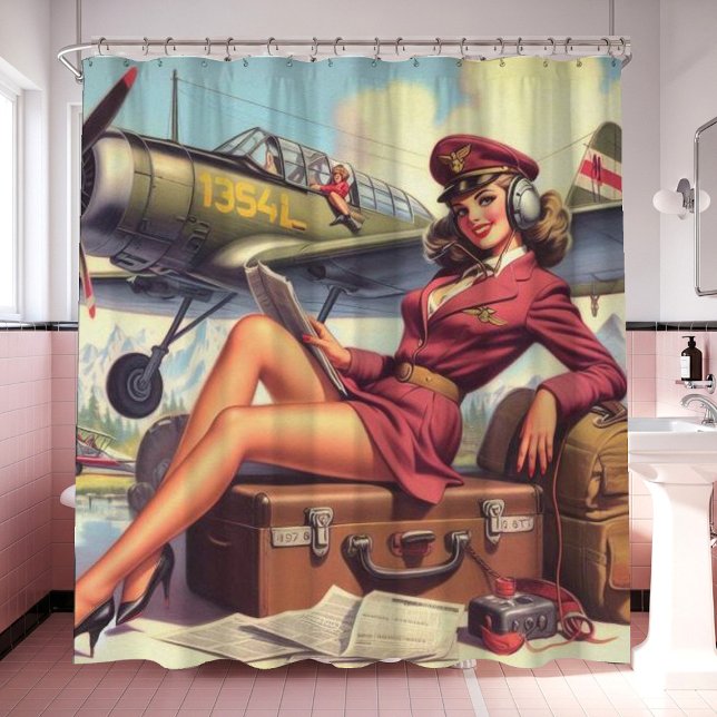 Vintage Airplane Pin-Up Illustration Shower Curtain (Creator Uploaded)
