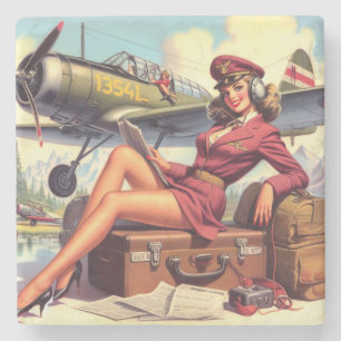 Vintage Airplane Pin-Up Illustration Stone Coaster