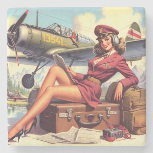 Vintage Airplane Pin_Up Illustration Stone Coaster