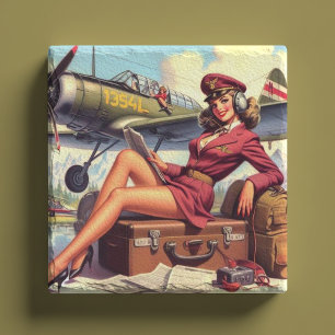 Vintage Airplane Pin-Up Illustration Stone Coaster