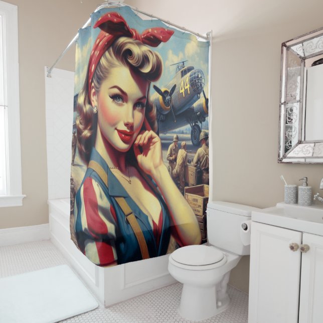 Vintage Airplane Pin Up Shower Curtain (In Situ)