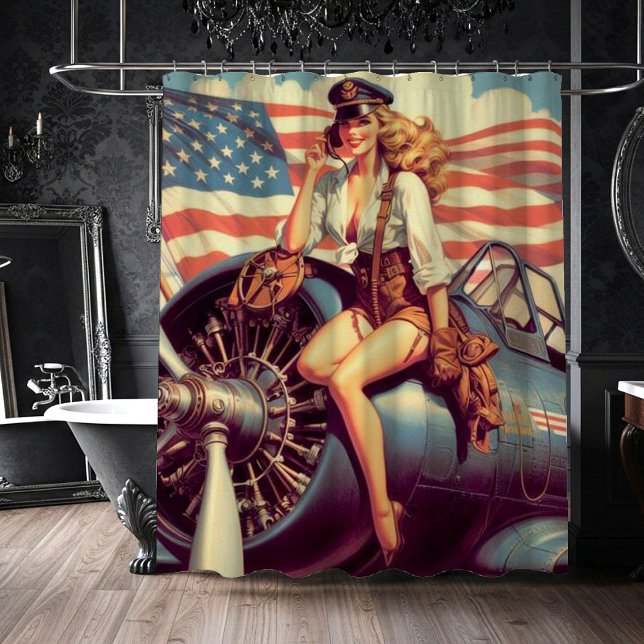 Vintage Airplane Pin-up Shower Curtain (Creator Uploaded)