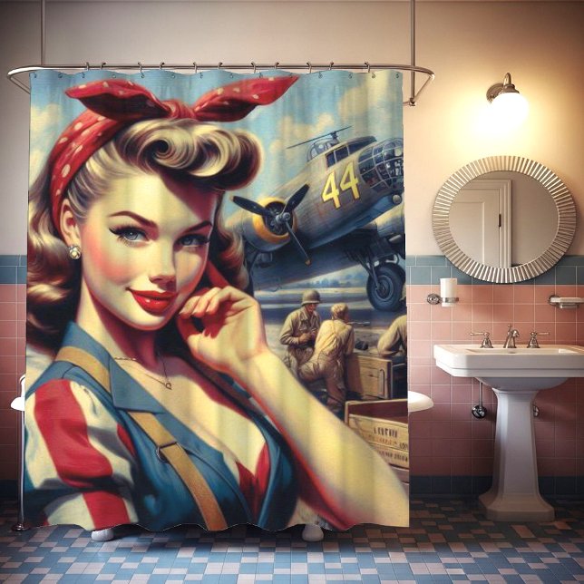 Vintage Airplane Pin Up Shower Curtain (Creator Uploaded)