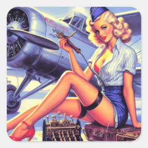 Vintage Airplane Pin-up Square Sticker
