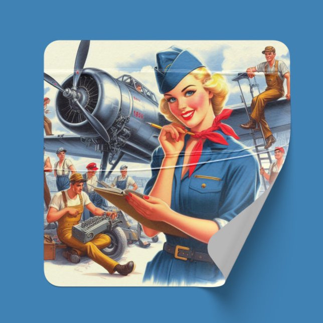Vintage Airplane Pin-up Square Sticker (Creator Uploaded)