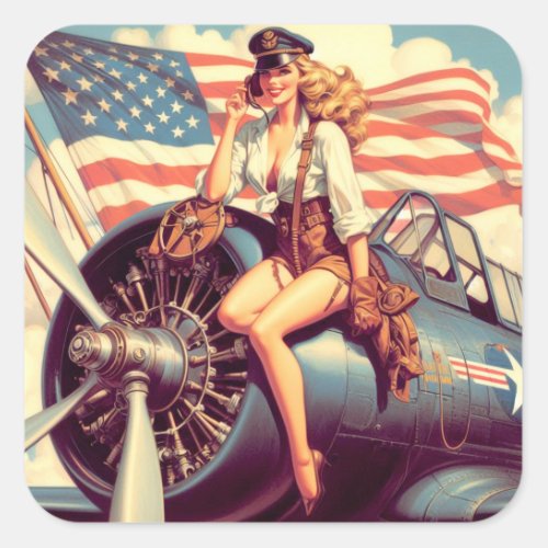 Vintage Airplane Pin_up Square Sticker