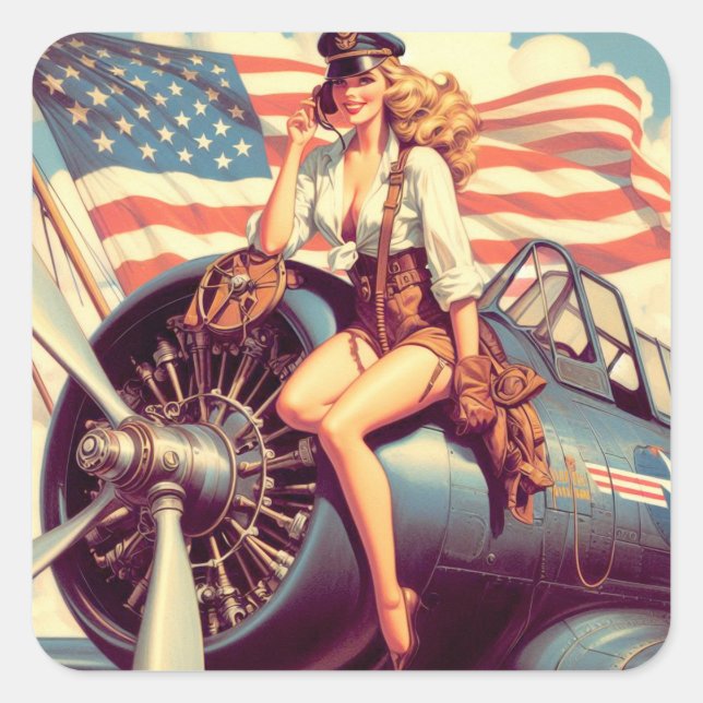 Vintage Airplane Pin-up Square Sticker (Front)