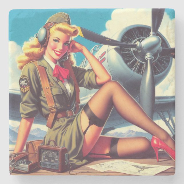 Vintage Airplane Pin-Up Stone Coaster (Front)