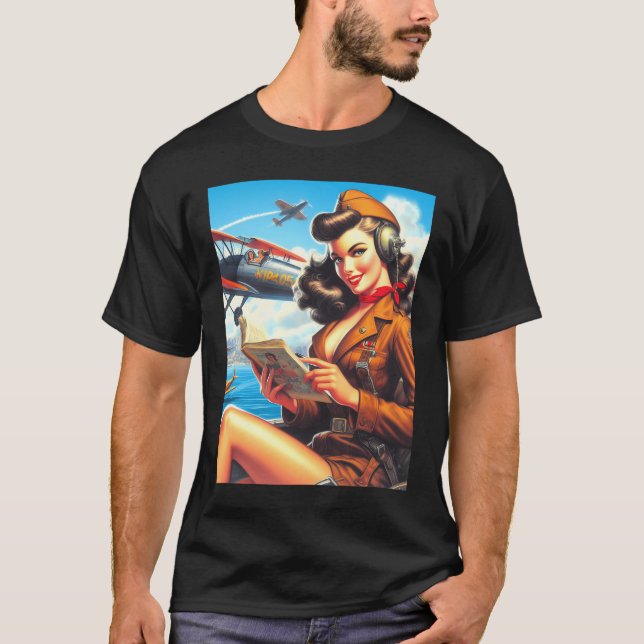 Vintage Airplane Pin-Up  T-Shirt (Front)