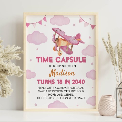 Vintage Airplane Pink Birthday Time Capsule Poster