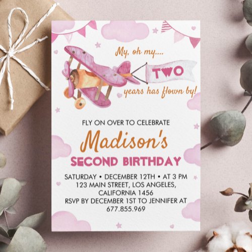 Vintage Airplane Pink Girl Birthday Invitation