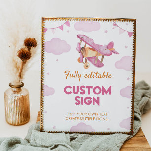 Vintage Airplane Pink Girl Birthday Table Sign