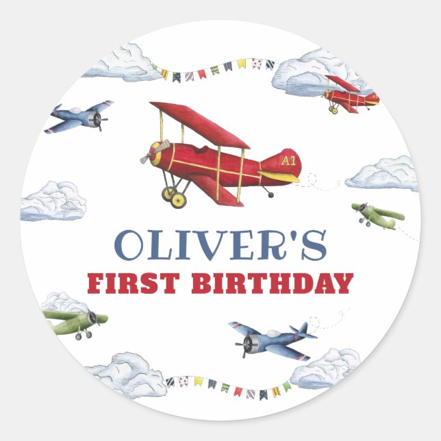 Vintage Airplane Plane First Birthday Stickers (Front)