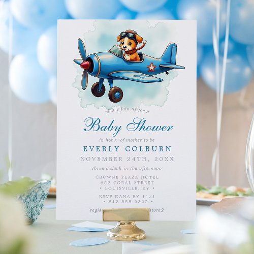 Vintage Airplane Puppy Pilot Boy Baby Shower Invitation
