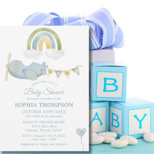 Vintage Airplane Rainbow Clouds Boy Baby Shower Invitation