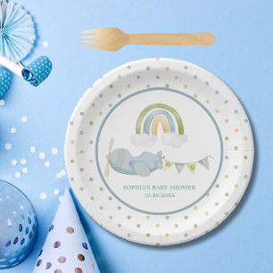 Vintage Airplane Rainbow Clouds Boy Baby Shower Paper Plates